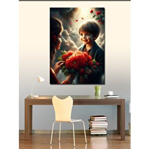 Kanvas Tablo Kırmızı Çiçek Veren Çocuk Ve Kadı 100x140 cm