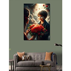 Kanvas Tablo Kırmızı Çiçek Veren Çocuk Ve Kadı 100x140 cm