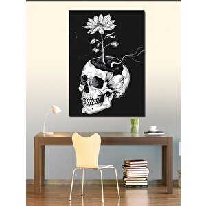 Kanvas Tablo Siyah Beyaz Kurukafa Ve Çiçek 100x140 cm