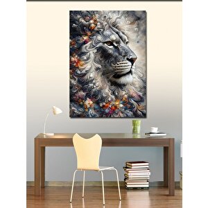 Kanvas Tablo Gri Aslan Ve Çiçek Desenler 100x140 cm