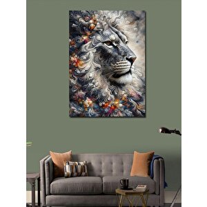 Kanvas Tablo Gri Aslan Ve Çiçek Desenler 100x140 cm