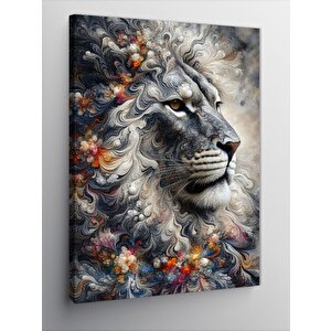 Kanvas Tablo Gri Aslan Ve Çiçek Desenler