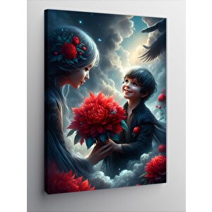 Kanvas Tablo Kırmızı Çiçek Veren Çocuk Ve Kadın