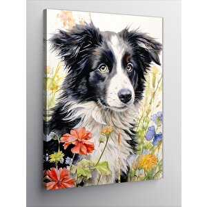 Kanvas Tablo Siyah Beyaz Köpek Ve Çiçekler 70x100 cm