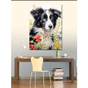 Kanvas Tablo Siyah Beyaz Köpek Ve Çiçekler 70x100 cm