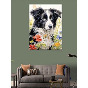Kanvas Tablo Siyah Beyaz Köpek Ve Çiçekler 70x100 cm