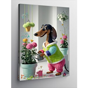 Kanvas Tablo Çiçekleri Sulayan Köpek