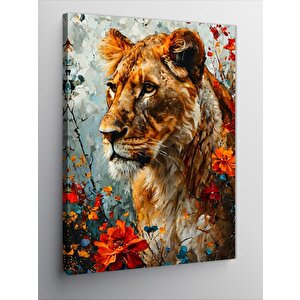 Kanvas Tablo Dişi Aslan Ve Çiçekler 70x100 cm