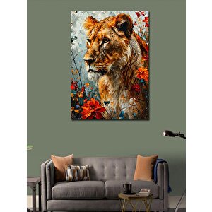 Kanvas Tablo Dişi Aslan Ve Çiçekler 70x100 cm