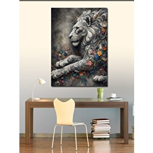 Kanvas Tablo Gri Aslan Ve Çiçek Desenler 100x140 cm