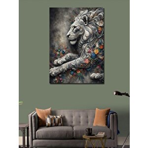Kanvas Tablo Gri Aslan Ve Çiçek Desenler 100x140 cm