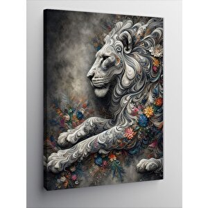 Kanvas Tablo Gri Aslan Ve Çiçek Desenler