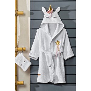 Bebek Bornoz Seti, Yenidoğan Hediyesi, Pamuklu Çocuk Bornoz, Unicorn (4 Parça) Beyaz
