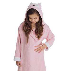Çocuk Bornozu, Pamuklu, Kapüşonlu, Kız Çocuk, Kedi, Pembe (11-12 Yaş)