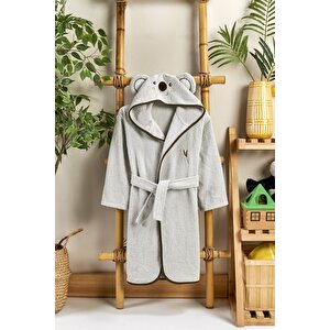 Çocuk Bornozu, Pamuklu, Kapüşonlu, Erkek Çocuk, Koala Ayı, Gri (5-6 Yaş)