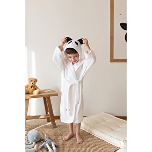 Çocuk Bornozu, Pamuklu, Kapüşonlu, Unisex Çocuk, Panda, Beyaz (5-6 Yaş)