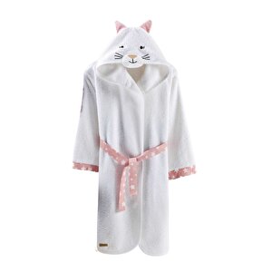 Çocuk Bornozu, Pamuklu, Kapüşonlu, Kız Çocuk, Kedi, Beyaz (9-10 Yaş) 9-10 Yaş