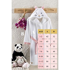 Çocuk Bornozu, Pamuklu, Kapüşonlu, Kız Çocuk, Kedi, Beyaz (9-10 Yaş)
