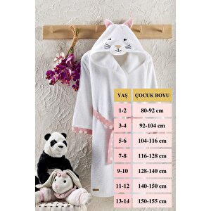 Çocuk Bornozu, Pamuklu, Kapüşonlu, Kız Çocuk, Kedi, Beyaz (9-10 Yaş)