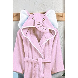 Çocuk Bornozu, Pamuklu, Kapüşonlu, Kız Çocuk, Fil, Pembe (5-6 Yaş)