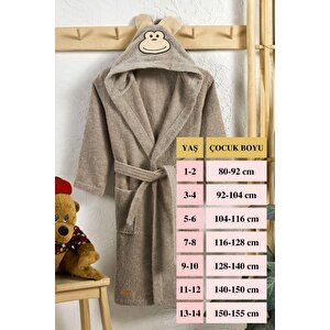 Çocuk Bornozu, Pamuklu, Kapüşonlu, Erkek Çocuk, Maymun, Kahverengi (9-10 Yaş)