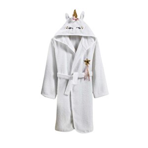 Çocuk Bornozu, Pamuklu, Kapüşonlu, Kız Çocuk, Unicorn, Beyaz (9-10 Yaş) 9-10 Yaş