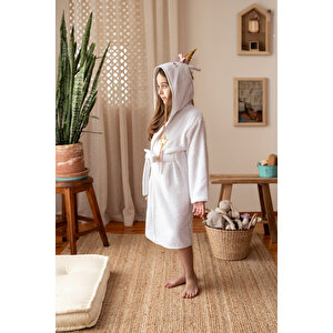 Çocuk Bornozu, Pamuklu, Kapüşonlu, Kız Çocuk, Unicorn, Beyaz (9-10 Yaş) 9-10 Yaş
