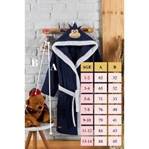 Çocuk Bornozu, Pamuklu, Kapüşonlu, Erkek Çocuk, Maymun, Lacivert (5-6 Yaş)