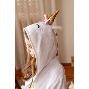 Çocuk Bornozu, Pamuklu, Kapüşonlu, Kız Çocuk, Unicorn, Beyaz (5-6 Yaş)