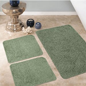 Doğal Kaymaz Taban Yıkanabilir Soft Shaggy  3'lü Banyo Paspası 60x100 - 50x60 - 50x60 Yeşil