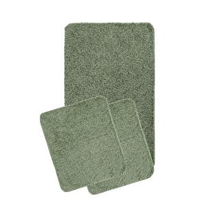 Doğal Kaymaz Taban Yıkanabilir Soft Shaggy  3'lü Banyo Paspası 60x100 - 50x60 - 50x60 Yeşil