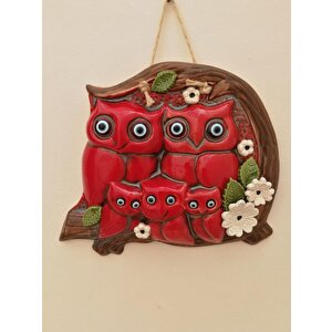 Seramik Baykuş Aile Dekoratif El İşi Duvar Süsü Nazarlık Kırmızı