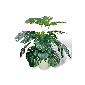 Yapay Çiçek Krem Saksıda Monstera Deve Tabanı Yeşil Doğal Dokulu 18dal 50cm Salon Çiçeği Yapay Bitki