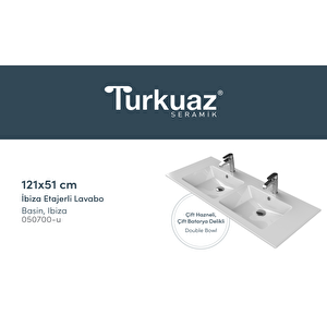 Turkuaz Etajerli Lavabo, İbiza, 121x51 Cm (çift Hazneli)