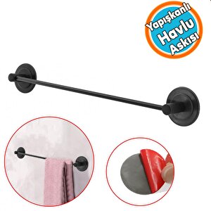 Banyo Lavabo Mutfak Yapışkanlı Bez Havlu Standı Askısı Paslanmaz Metal Siyah Uzun Bez Havluluk
