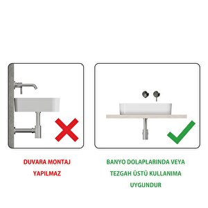 Mestola  Tezgah Üstü Kare Çanak Lavabo Batarya Deliksiz 38x 60 Cm Beyaz