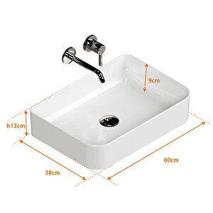 Mestola  Tezgah Üstü Kare Çanak Lavabo Batarya Deliksiz 38x 60 Cm Beyaz