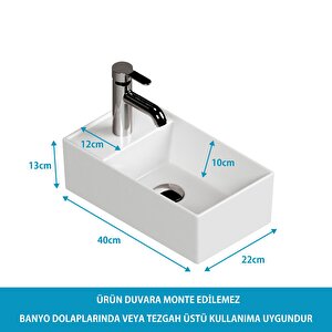 Plan Tezgah Üstü Kare Lavabo, 41 X 23 Cm. Beyaz