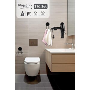 Okyanus Home Siyah Magic Fix Banyo Düzenleyici 3'lü Set-  İkili Askı - Wc Kağıtlık - Saç Kurutmalık Askısı