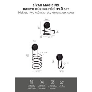 Okyanus Home Siyah Magic Fix Banyo Düzenleyici 3'lü Set-  İkili Askı - Wc Kağıtlık - Saç Kurutmalık Askısı