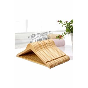 10 Adet Ahşap Cilalı Naturel Elbise Askısı Pürüzsüz 10 Lu Paket
