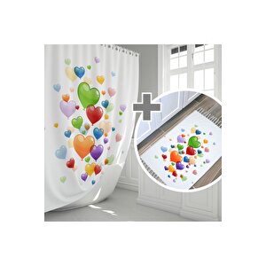 Zethome Heart Ballons Banyo Paspas Ve Tek Kanat Duş Perdesi 1x180x200 Set