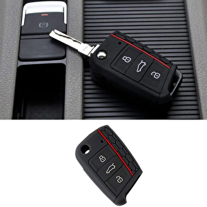 Seat Leon 2013+ Sonrası Uyumlu Siyah Kırmızı Çizgili Silikon Anahtar Kabı Siyah - Kırmızı
