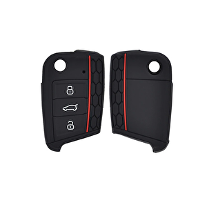 Seat Leon 2013+ Sonrası Uyumlu Siyah Kırmızı Çizgili Silikon Anahtar Kabı
