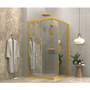 İskit Duşakabin 80 X 100 Dikdörtgen Aynalı Reflekte Cam  Köşe Girişli Kabin Gold Profil 6mm 80x100 cm