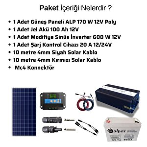 Teknovayon Arge Güneş Enerjisi Bağ Evi Solar Paketi 600w 12v Modifiye Sinüs İnverter 170w 12v Güneş Paneli 100ah 12v Jel Akü