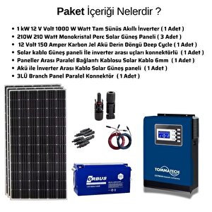 Teknovasyon Arge Güneş Enerjisi Bağ Evi Solar Paketi 1kva İnverter 210w Güneş Paneli 150ah Jel Akü