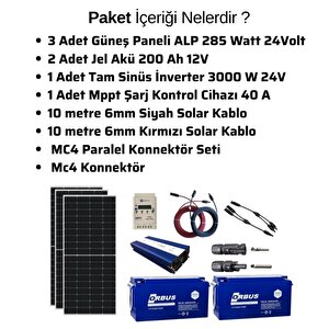 Teknovayon Arge Güneş Enerjisi Bağ Evi Solar Paketi 3000w 24v Tam Sinüs İnverter 285w 24v Güneş Paneli 200ah 12v Jel Akü