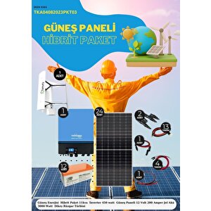 Güneş Enerjisi  Hibrit Paket 11kva  İnverter 450 Watt  Güneş Paneli 12 Volt 200 Amper Jel Akü 3000 Watt  Dikey Rüzgar Türbini