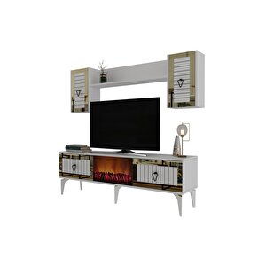 Linda Şömineli Tv Ünitesi Ve Şömineli Konsol 2'li Salon Takimi Beyaz-altin